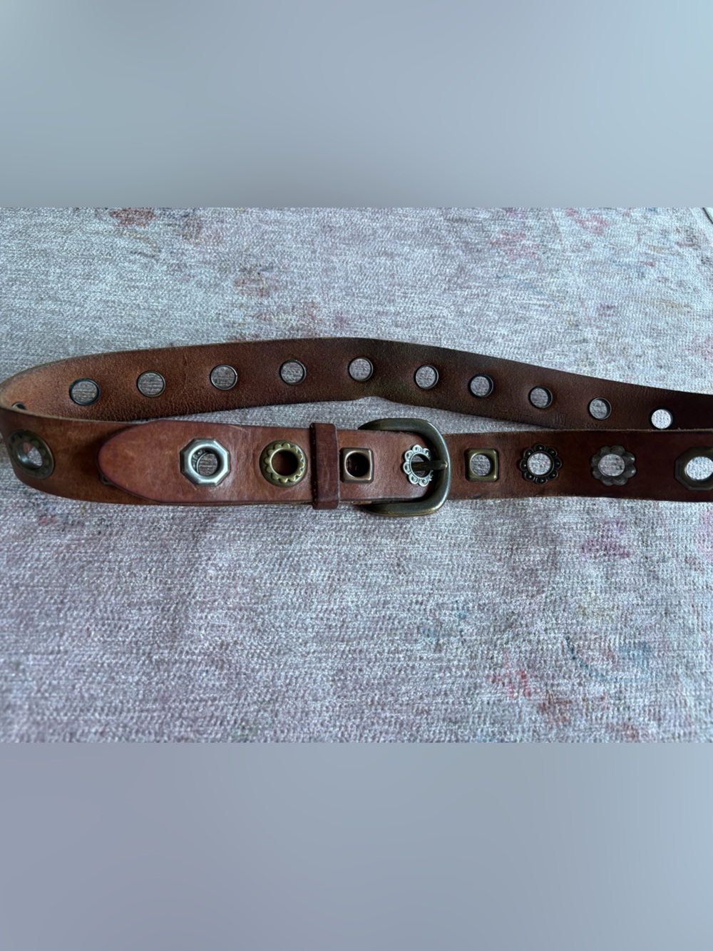 Vintage Brown Leather Studded Belt with Mixed Metal Accents